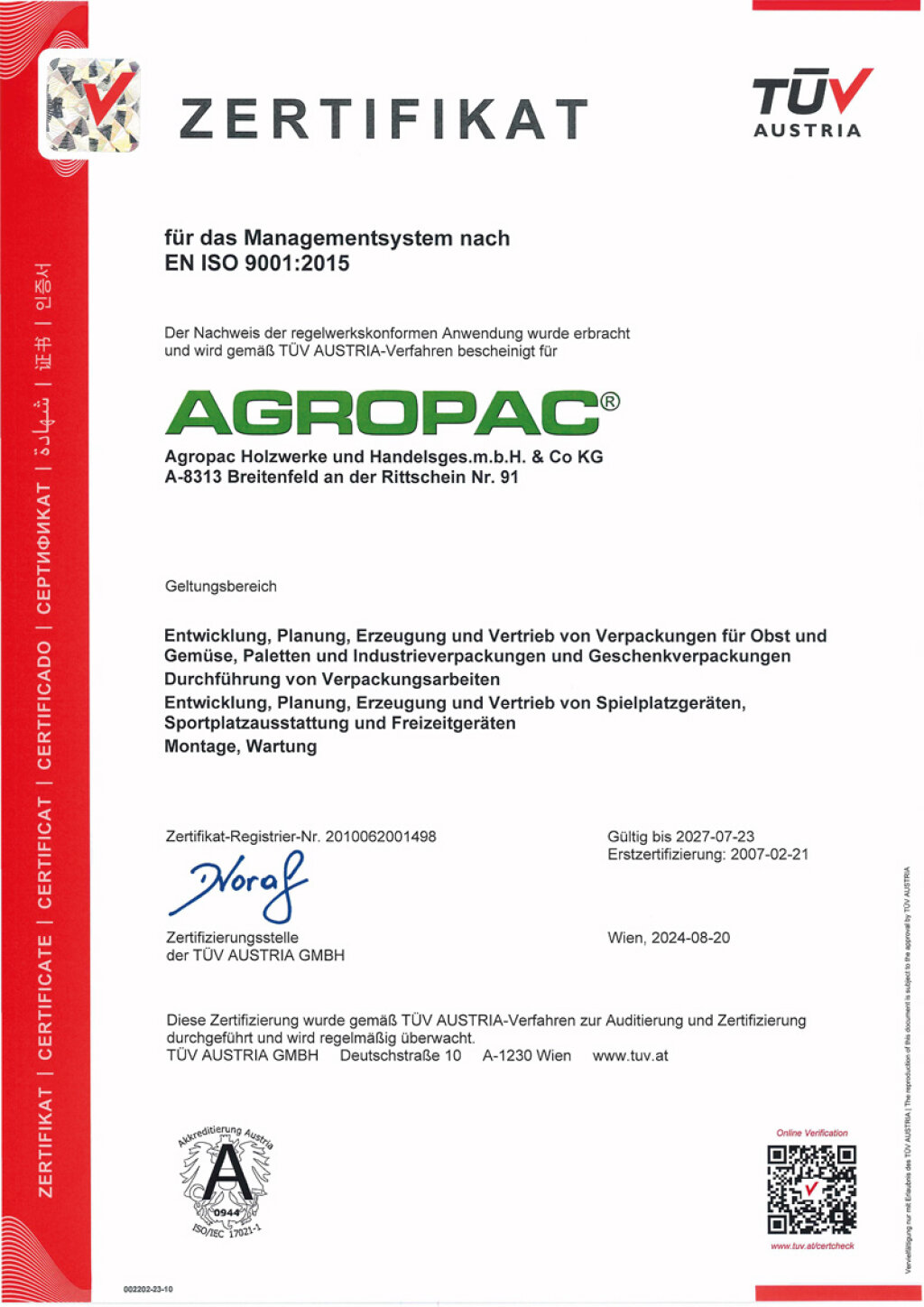 Agropac ISO 9001 Zertifikat gültig bis 2027.