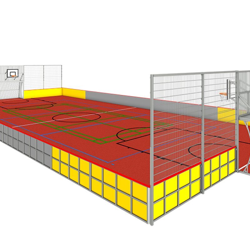 Dreidimensionale Planung einer Multisportanlage mit Spielfeld und Toren