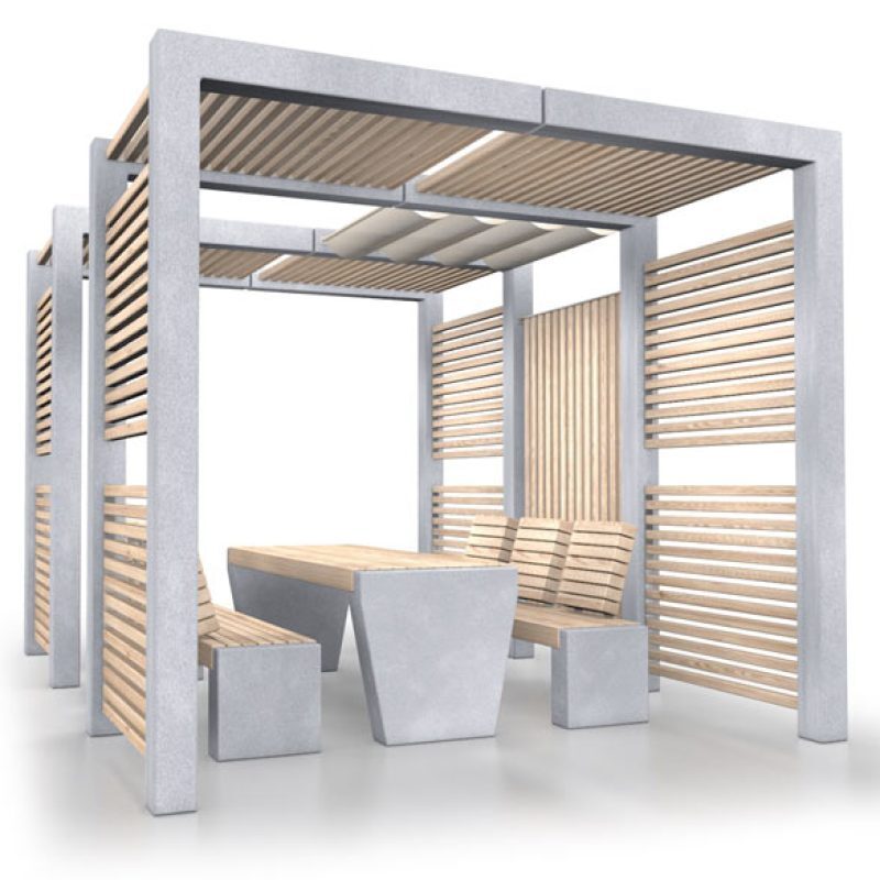 Pavillon mit Lamellenelementen, Tisch und Sitzbänken